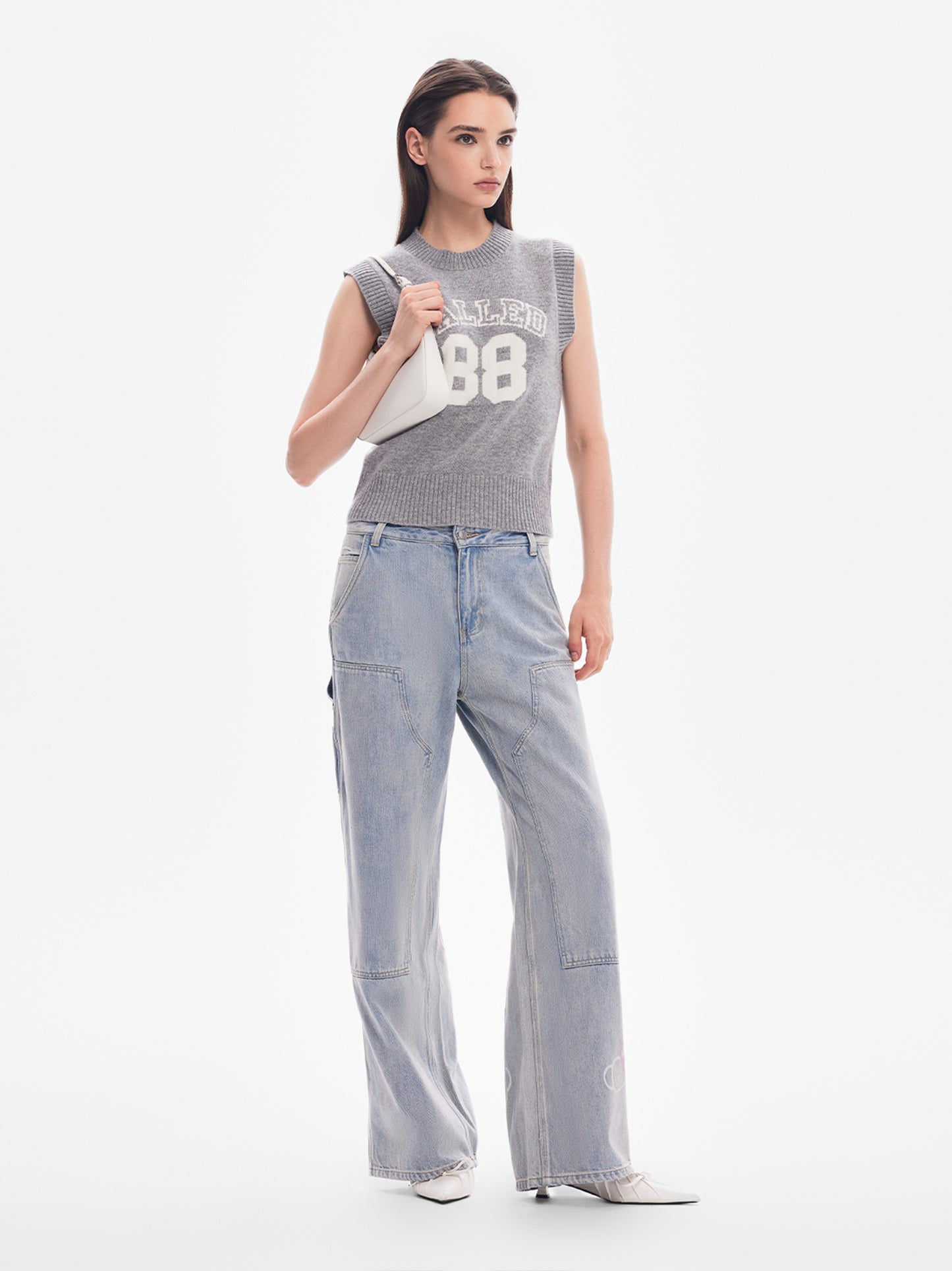 Onigiri Bear High-Waisted Straight-Leg Denim Pants