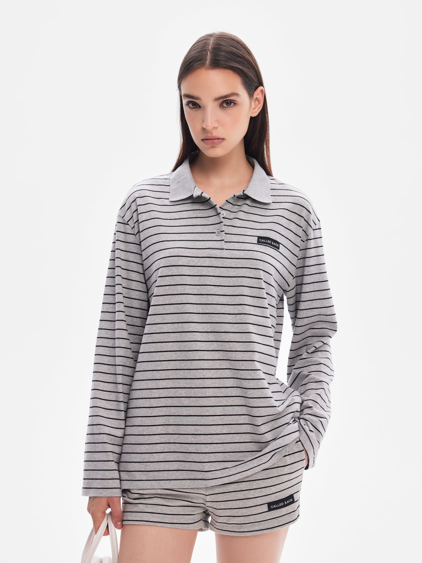 Polo Neck Striped Long-Sleeve Knit Top