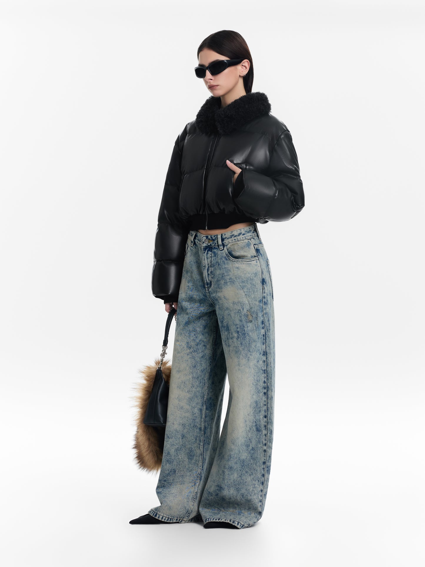 Black Short Glossy Down Jacket with Fur Collar