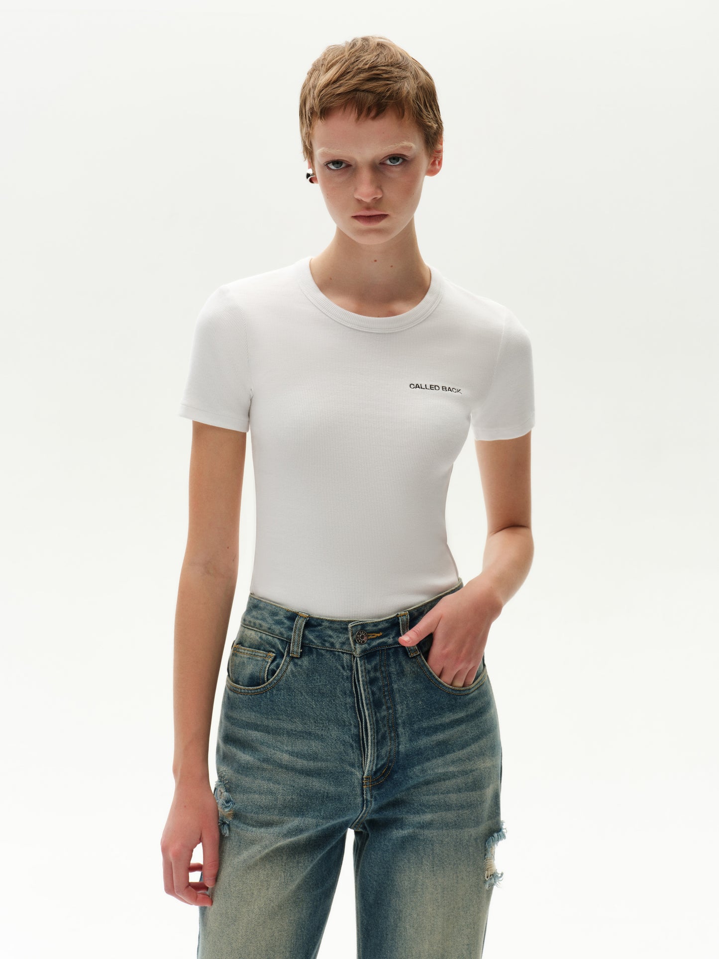 Short-Sleeve Crew Neck Backless Cotton Top
