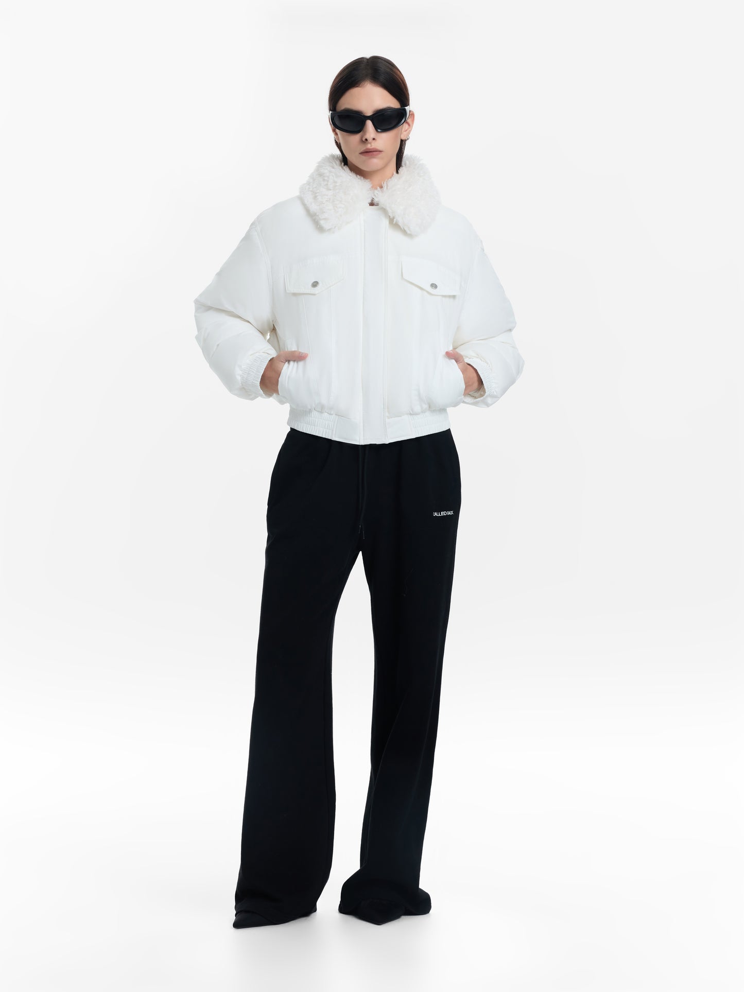 White goose down jacket with fur collar