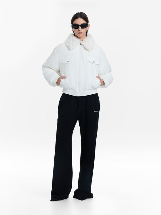 White goose down jacket with fur collar