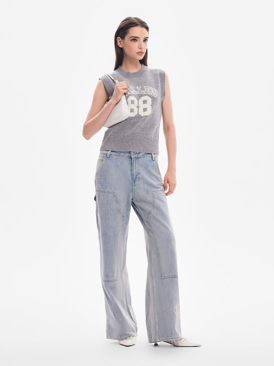 Onigiri Bear High-Waisted Straight-Leg Denim Pants