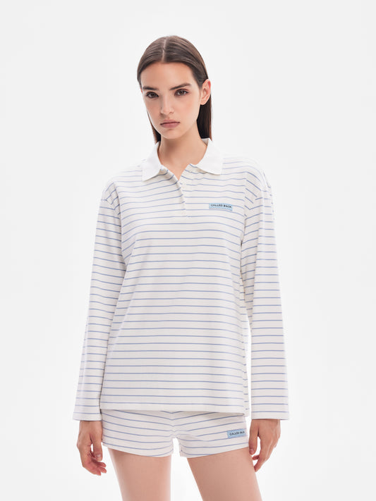 Polo Neck Striped Long-Sleeve Knit Top
