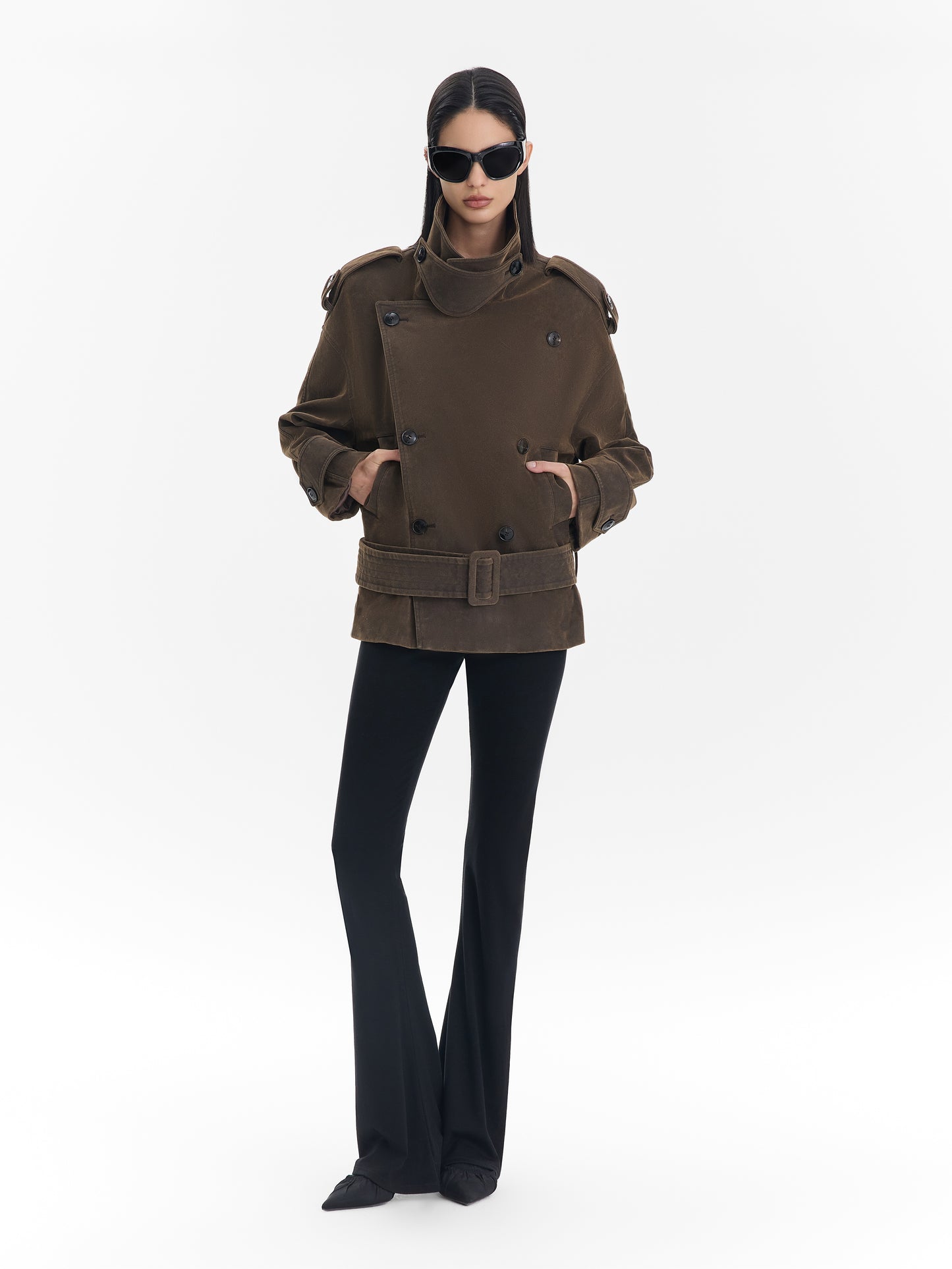 Notched Collar Double-Breasted Short Jacket