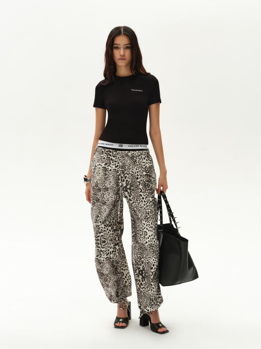 Leopard print lightweight wide-leg straight pants