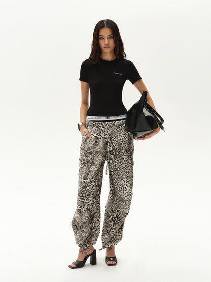 Leopard print lightweight wide-leg straight pants