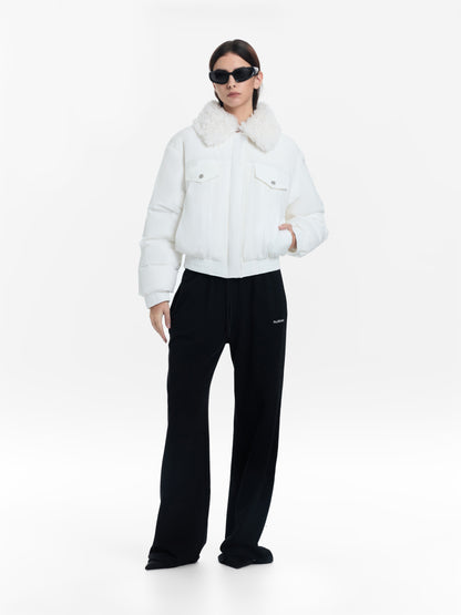 White goose down jacket with fur collar