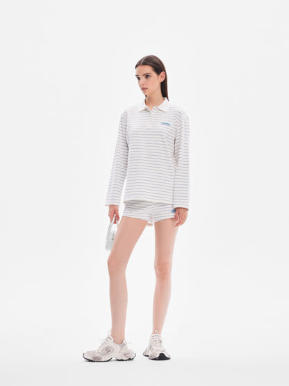 Polo Neck Striped Long-Sleeve Knit Top