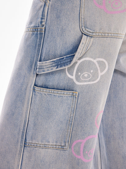 Onigiri Bear High-Waisted Straight-Leg Denim Pants