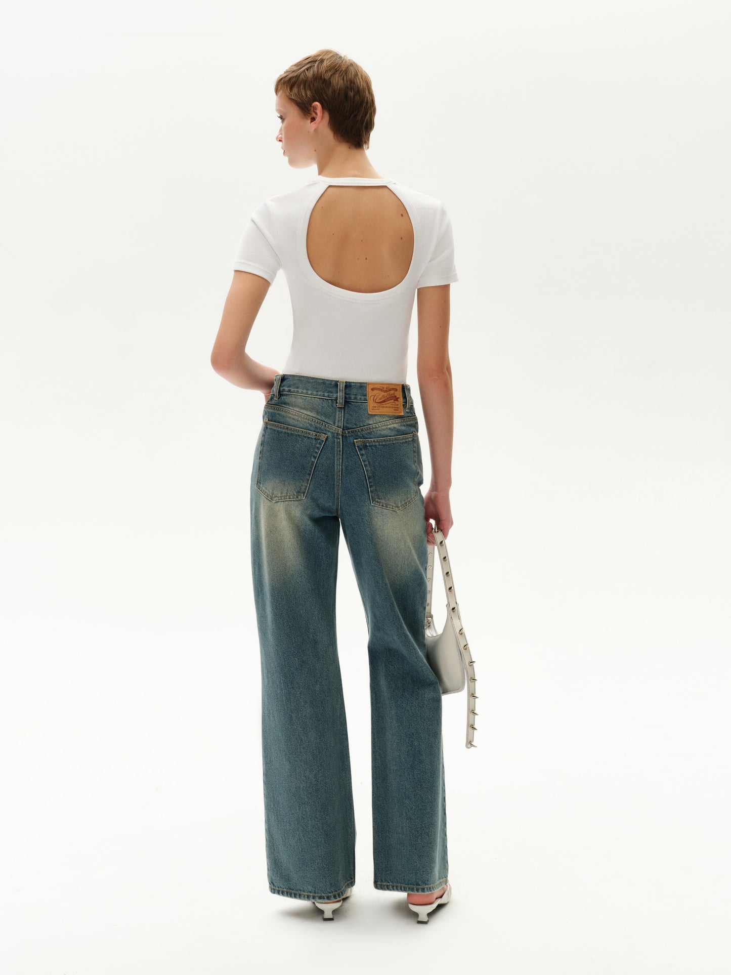 Short-Sleeve Crew Neck Backless Cotton Top