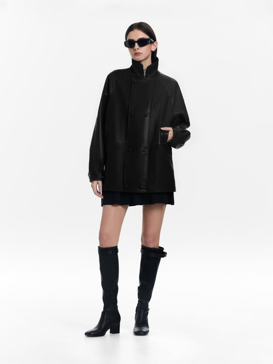 Cinched-Waist Stand Collar Relaxed Leather Jacket