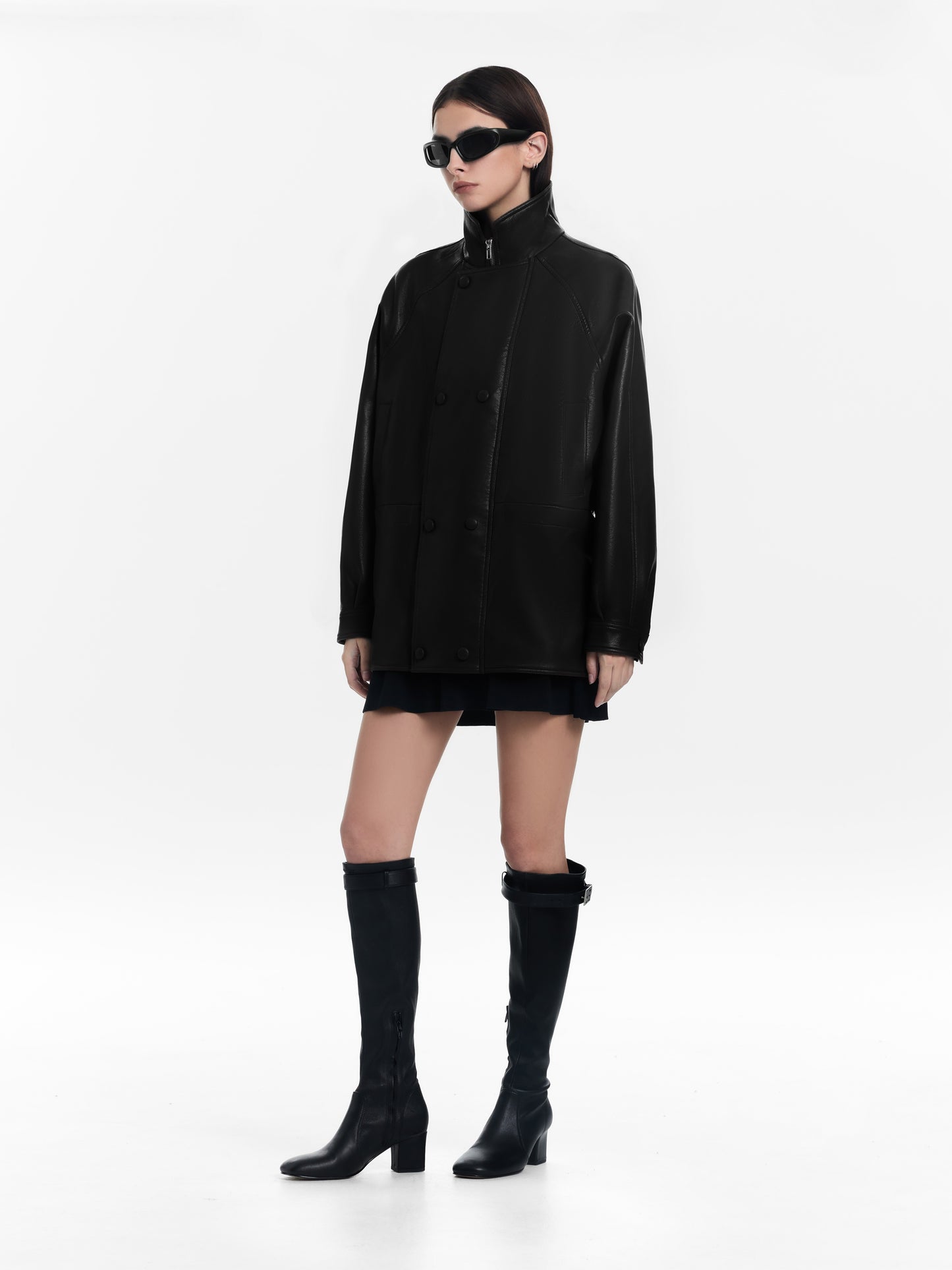 Cinched-Waist Stand Collar Relaxed Leather Jacket