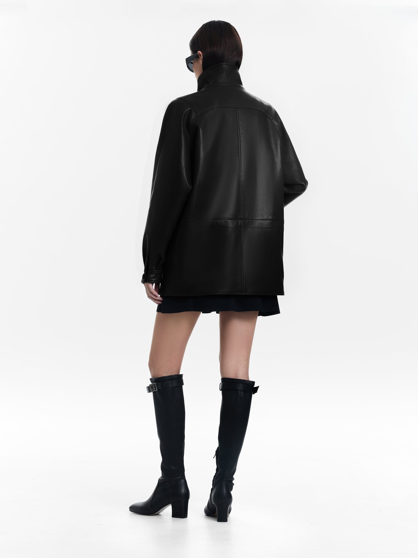 Cinched-Waist Stand Collar Relaxed Leather Jacket