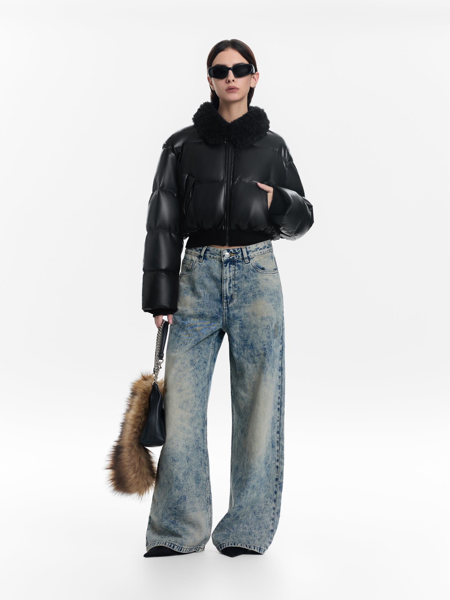 Black Short Glossy Down Jacket with Fur Collar