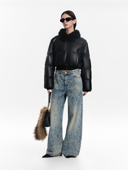 Black Short Glossy Down Jacket with Fur Collar