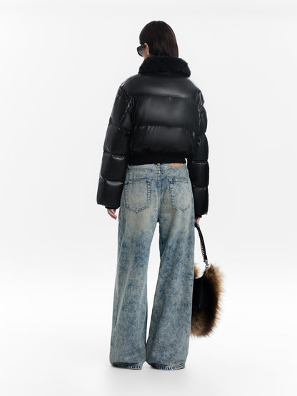 Black Short Glossy Down Jacket with Fur Collar