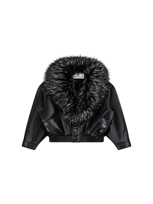 Black leather jacket with a faux-fur collar
